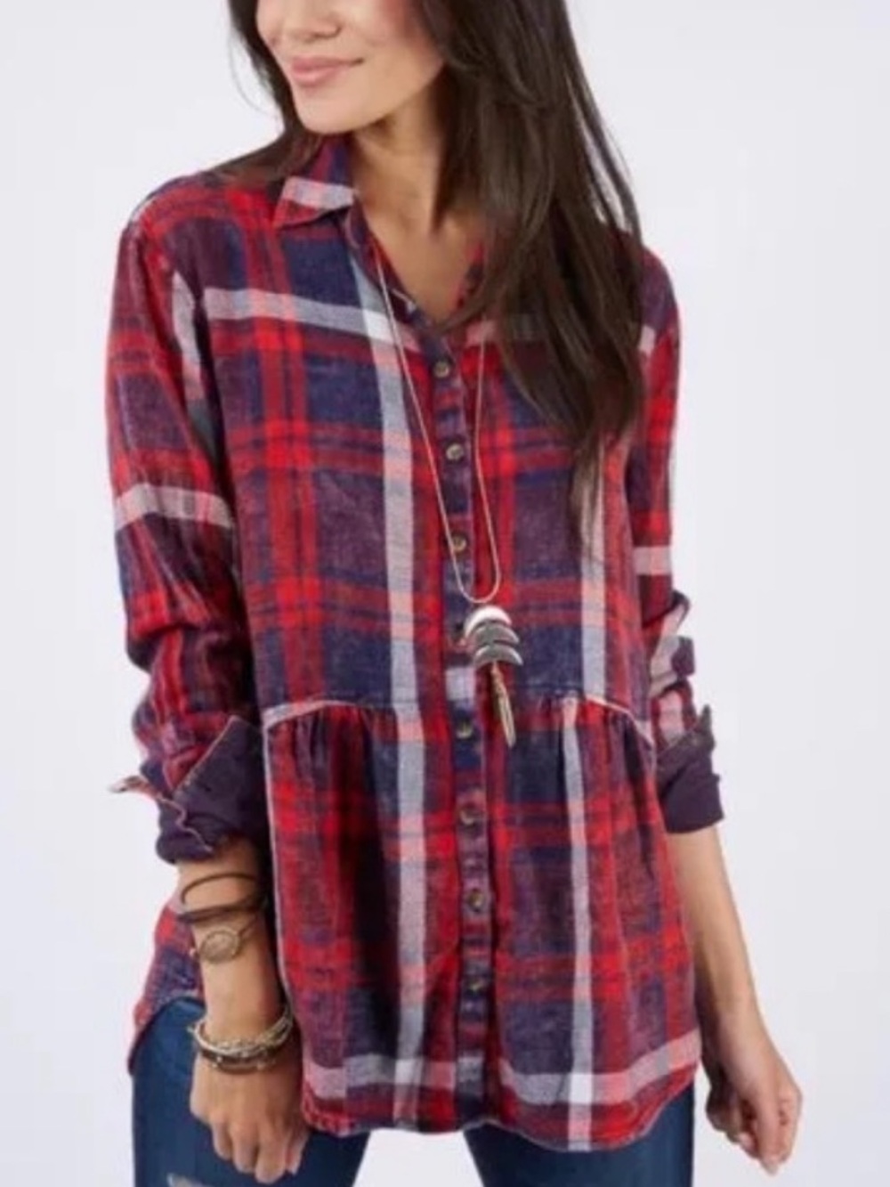 Free people easy street plaid flannel oversized button down red top sz XS